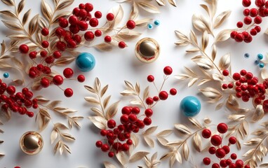 Glossy 3D Festive Wallpaper with Gold Wreaths and Vibrant Red Decor