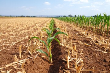Young Corn Plants Growing in a Field After Harvesting in a Seasonal Landscape