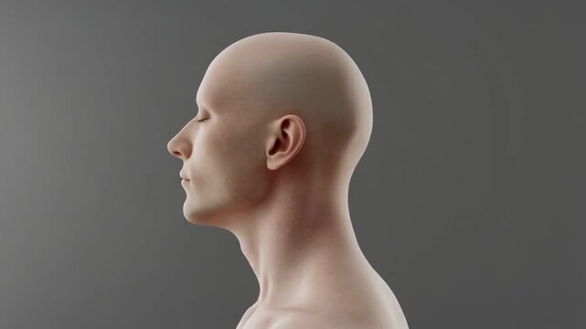 A 3D rendered, close-up, side-view of a bald man's head and neck against a dark gray background, often used in medical or technology illustrations