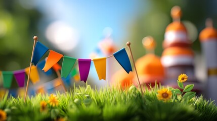Vibrant 3D Clay Landscape with Festival Banners and Colorful Decorations