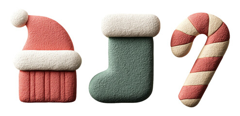 Festive Clay Style Holiday Decorations with Santa Hat, Christmas Stocking, and Candy Cane