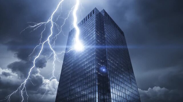 A skyscraper building struck by lightning on a stormy day in the city
