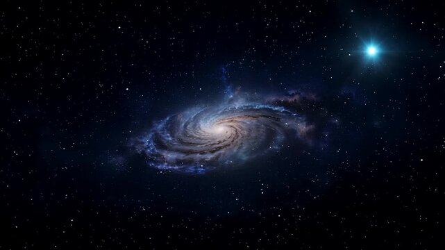 A spaceship flees a spiral galaxy with a bright star in the background of deep space