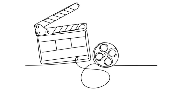 Continuous line drawing of a movie clapperboard and film reel on a white background Vector, illustration
