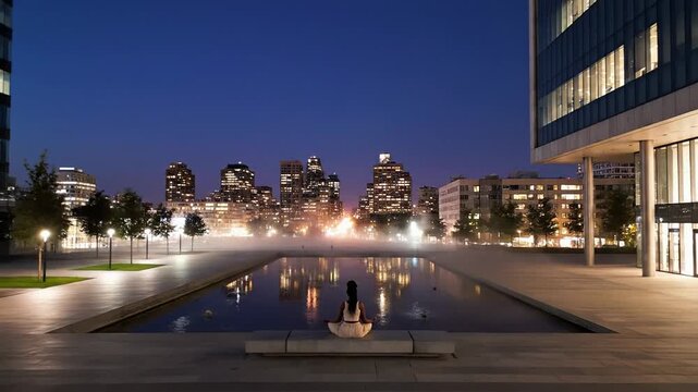 Modern city skyline at dusk, calm reflecting pool in urban plaza, serene evening mood for travel and architecture branding, summer night city lights ambience