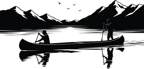 Canoe silhouette illustration with two paddlers on calm lake, mountain landscape, birds flying, black and white artwork, outdoor adventure, nature