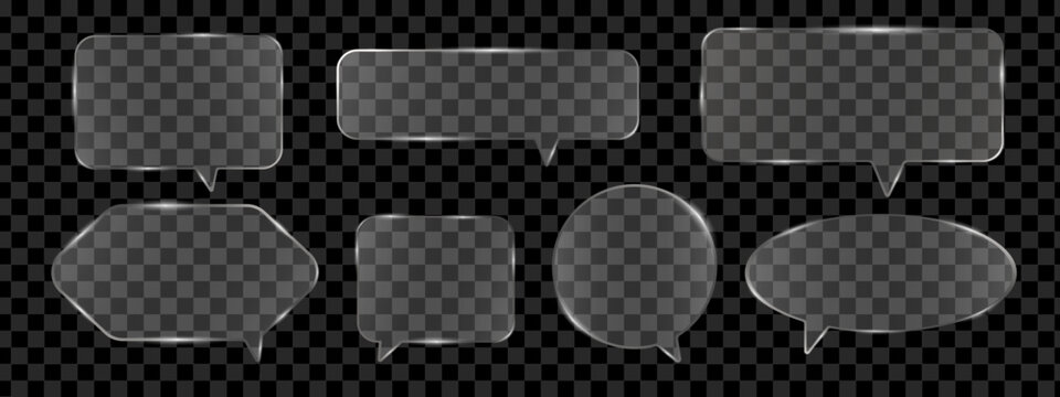 Transparent glass speech bubble with glossy liquid texture. Modern 3D chat icon for digital communication apps with realistic crystal-like speech design.