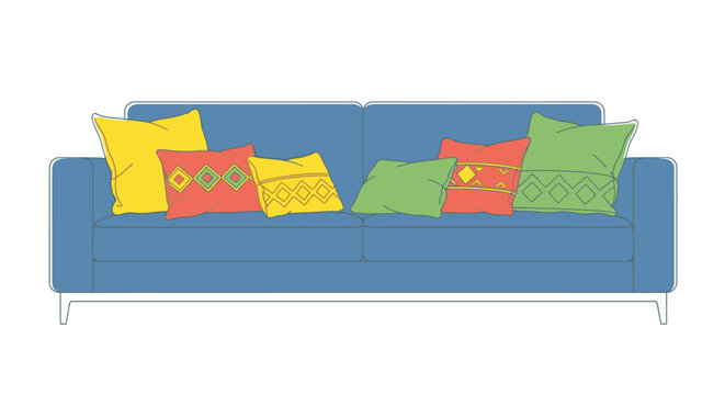 Comfortable Modern Sofa with Colorful Pillows Vector Illustration for Living Room Interior Furniture and Cozy Home Seating Design
