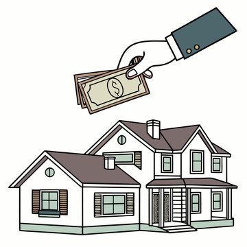 Hand holding cash over a house money real estate