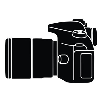 A professional camera with a large zoom lens and a flash attachment. isolated on white background, Vector