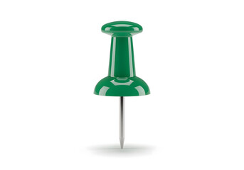A green pushpin standing alone on a white background