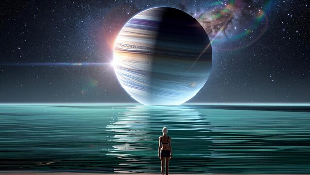 Futuristic Cyborg Woman Observing Jupiter from Aquamarine Shore