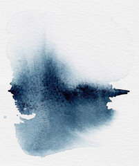 Abstract dark blue watercolor splash. Deep indigo ink stain on textured paper.