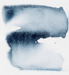 Abstract blue watercolor brush strokes. Horizontal indigo paint wash on white paper.