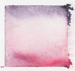 Abstract square watercolor background. Purple to pink gradient paint wash on textured paper.
