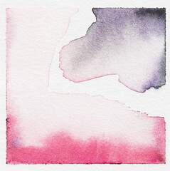 Abstract watercolor square background. Dark purple and pink paint wash with white negative space.