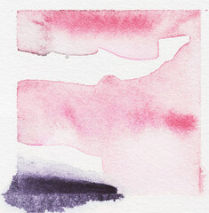 Abstract pink watercolor background with white negative space. Geometric paint wash with dark purple stroke.