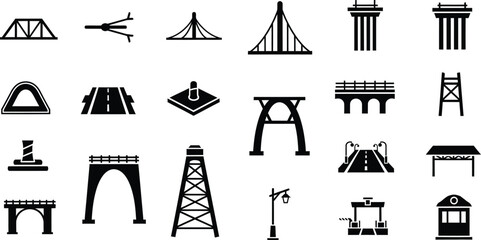 Naklejka premium A collection of black silhouette icons representing various bridge types and architectural structures