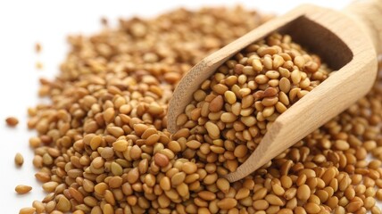 Obraz premium Golden fenugreek seeds spilled with wooden scoop on white background