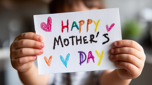Medium shot of faceless hands of a child presenting a shaky, hand-drawn "Happy Mother's Day" card to a mother, Handmade Gift moment, focus on the crayon texture and the child's sma