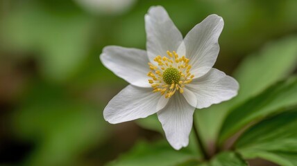 Fototapeta premium Stunning white flower with yellow stamens in lush greenery