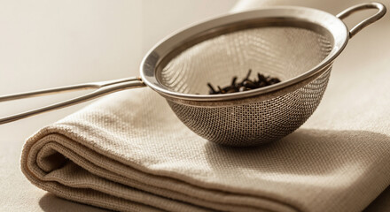 Tea strainer on napkin in natural light with tea leaves inside  