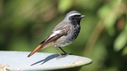 Fototapeta premium Small bird perched on metal surface with blurred green background