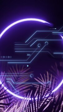 Vertical video: Neon purple ring forming and pulsing after cyan circuit pulse, lighting palm fronds