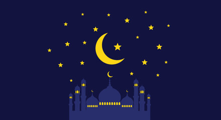 Ramadan Kareem banner, poster, greeting card, cover design with mosque, crescent moon, pattern background in flat geometric style.
