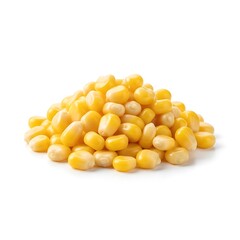 Fototapeta premium A heap of organic yellow corn seeds and raw sweetcorn kernels forms a healthy textured pile of agricultural grain isolated on a white background as a macro food ingredient
