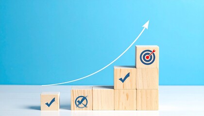 Rising Staircase of Wooden Blocks with Checkmarks and Target Icon Representing Business Growth, Goal Achievement, and Strategic Success