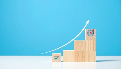 Rising Staircase of Wooden Blocks with Checkmarks and Target Icon Representing Business Growth, Goal Achievement, and Strategic Success