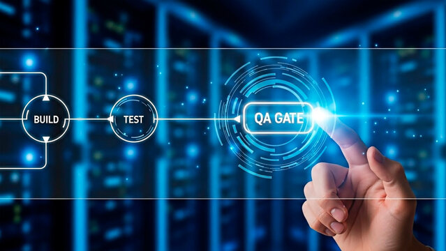 A hand interacting with a digital QA gate interface for software testing and development