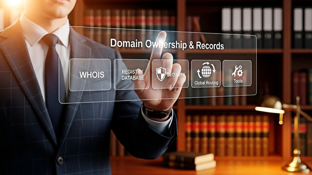 A businessman accessing domain ownership records in a law library