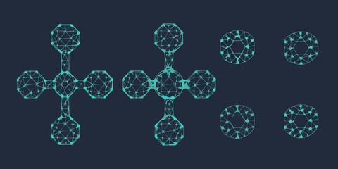 Abstract geometric shapes resembling cells or molecules in teal wireframe