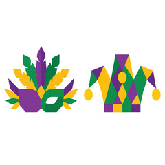 Carnival Masquerade Mask and Jester Hat Vector Set