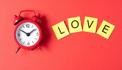 Red Alarm Clock Next to Yellow Tiles Spelling Love on a Bright Red Background for Romance, Relationship Timing, and Valentine&rsquo;s Day Concept