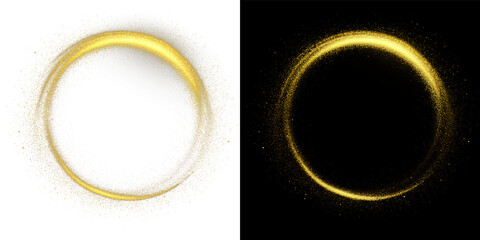 Fototapeta premium Elegant Golden Light Ring with Sparkling Particles Forming Luxury Circular Frame on Black Background