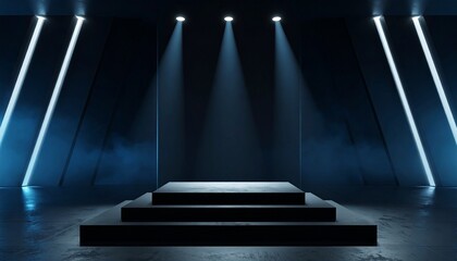 Empty Dark Exhibition Podium with Tiered Steps and Modern Spotlight Illumination in a Futuristic Studio Setting for Product Display and Presentation