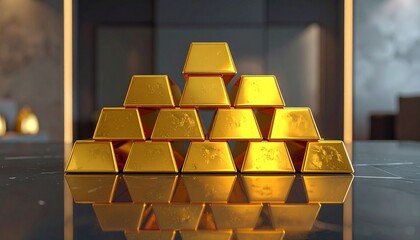 Stack of Shiny Gold Bullion Bars in a Pyramid Formation on a Reflective Black Marble Surface for Wealth, Investment, and Financial Success Concept
