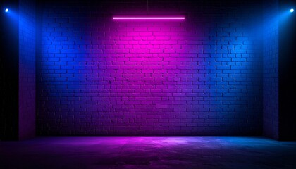 Empty Dark Studio Room with Neon Pink and Blue Lighting on Brick Wall Background for Nightclub, Gaming, or Product Mockup Stage