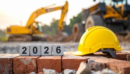 Yellow Hard Hat and Concrete Blocks Showing 2026 Date at Construction Site with Excavator for Engineering and Future Development Concept