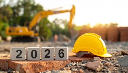 Yellow Hard Hat and Concrete Blocks Showing 2026 Date at Construction Site with Excavator for Engineering and Future Development Concept