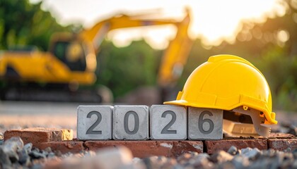 Yellow Hard Hat and Concrete Blocks Showing 2026 Date at Construction Site with Excavator for Engineering and Future Development Concept