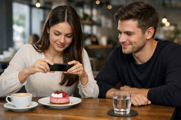 A young couple sits at a table in a cafe, a woman takes a photo of a cake in a modern cafe