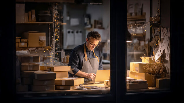 Small business owner working late on laptop surrounded by packages, preparing for shipping and fulfillment during busy season