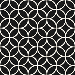 Fototapeta premium Elegant vector geometric grid ornament. Simple black and white seamless pattern with curved lines, lattice, mesh, circles, diamonds. Ornament in oriental style. Monochrome background. Repeated design