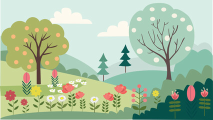 Fototapeta premium Stylized spring landscape with flowers and trees.