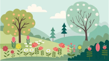 Fototapeten Pistazie Stylized spring landscape with flowers and trees.  © Юлия Путченко