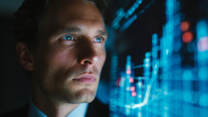 A focused businessman observes financial data on a digital screen, representing the intersection of technology and finance in today's fast-paced corporate environment.